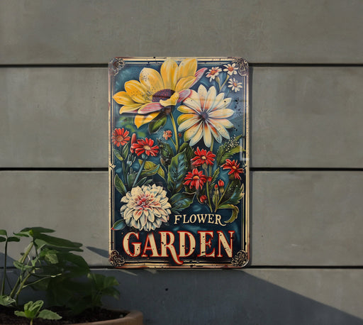 a flower garden sign on the side of a building