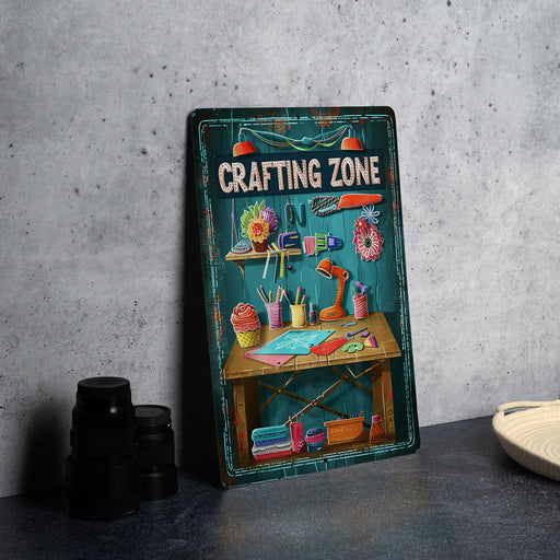 a picture of a crafting zone sign on a table