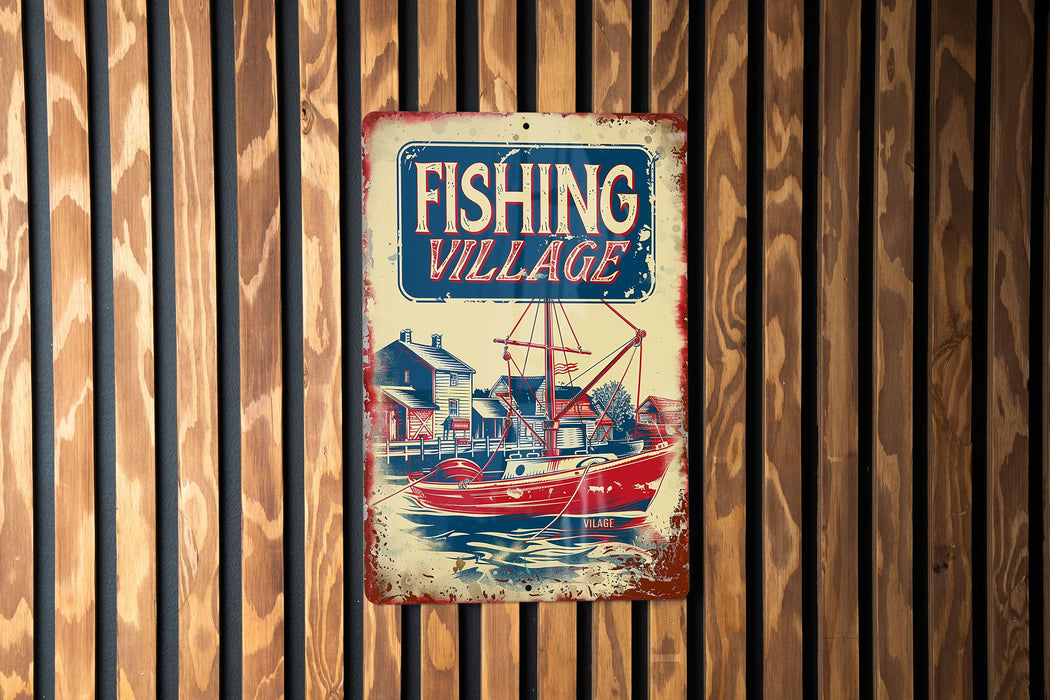 a fishing village sign hanging on a wooden wall