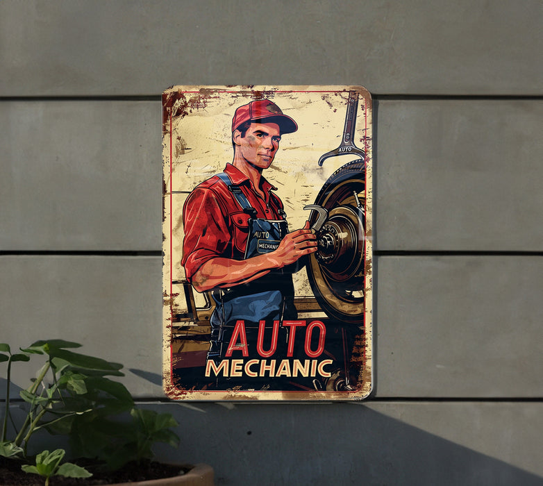 a vintage auto mechanic sign hanging on the side of a building