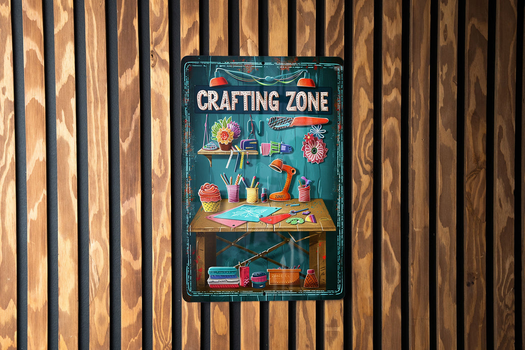 a crafting zone sign hanging on a wooden wall