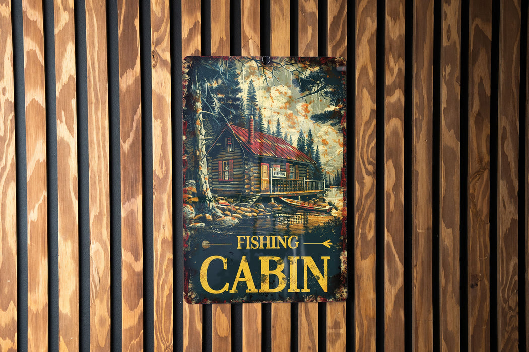 a fishing cabin sign on a wooden wall