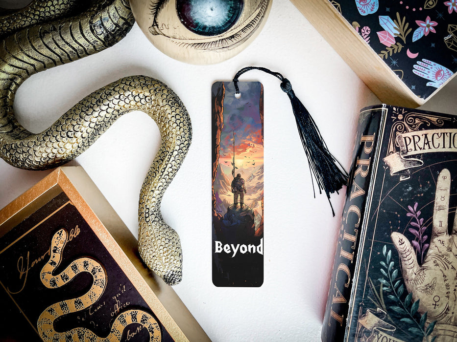 a bookmark with a picture of a man and a snake on it