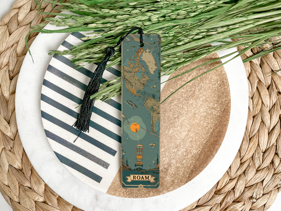 a bookmark with a map of the world on it