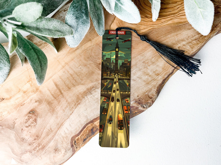 a bookmark with a picture of a city on it