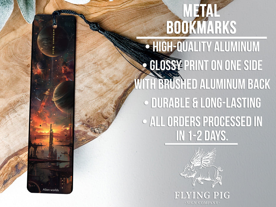 a metal bookmark with a picture of a city on it