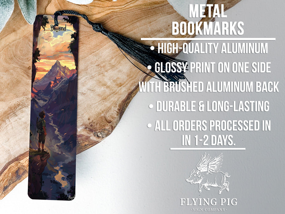 a bookmark with a picture of a man standing on a mountain