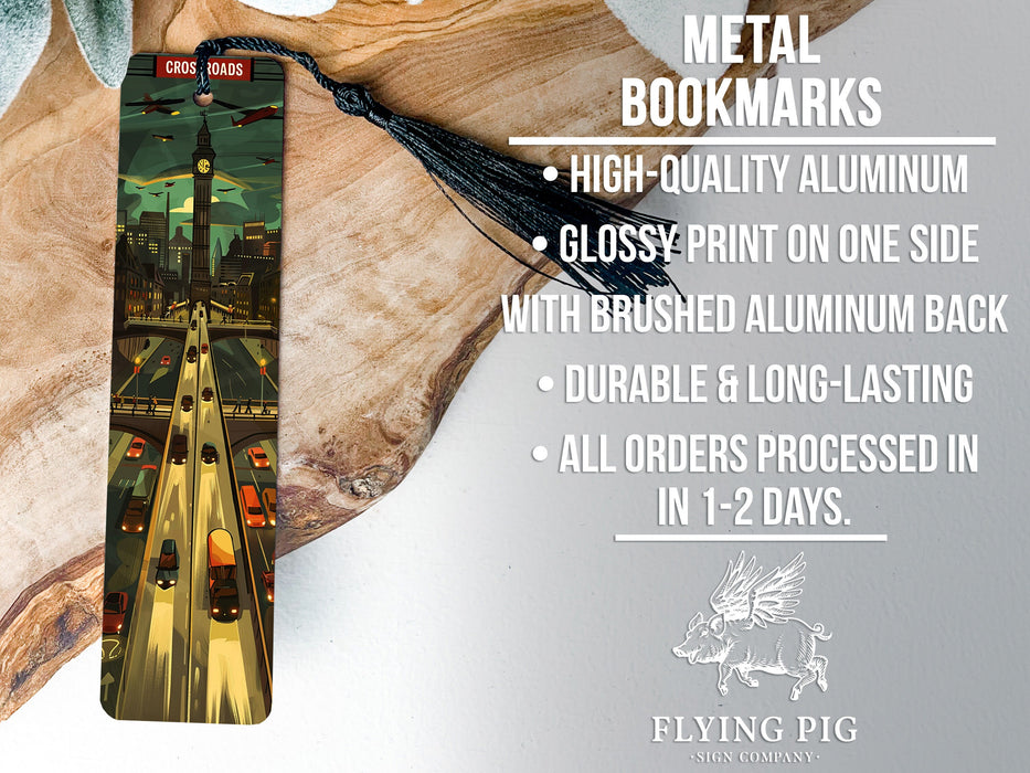 a bookmark with a picture of a city at night