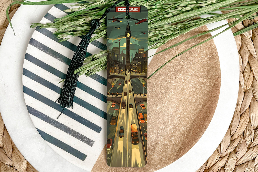 a bookmark with a picture of a city on it