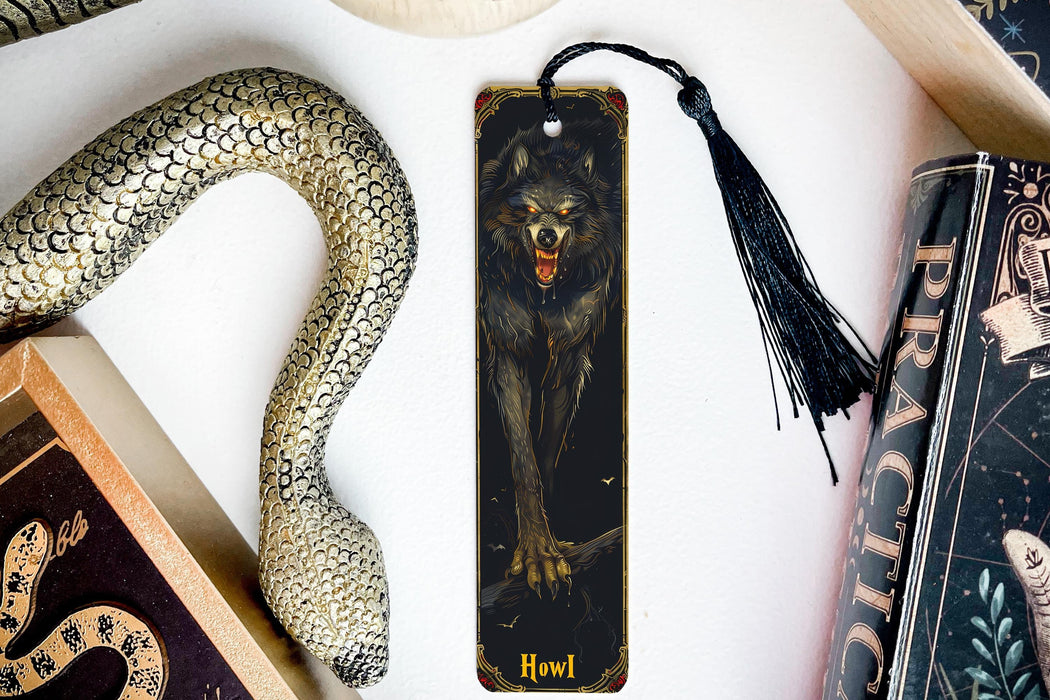 a bookmark with a picture of a wolf on it