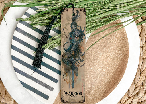 a bookmark with a picture of a warrior on it