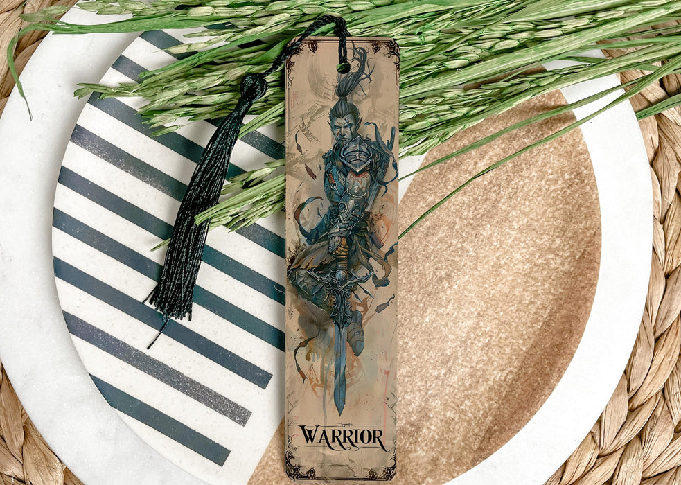 a bookmark with a picture of a warrior on it