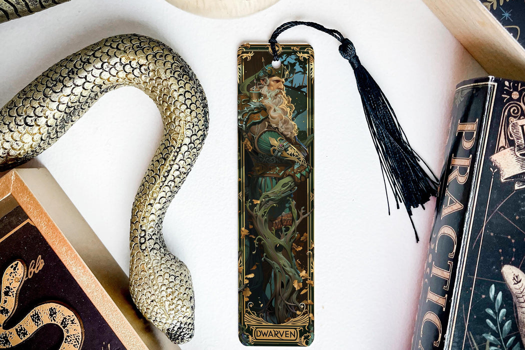 a bookmark, snake, and other items on a table