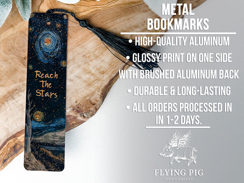 a metal bookmark with the words reach the stars on it