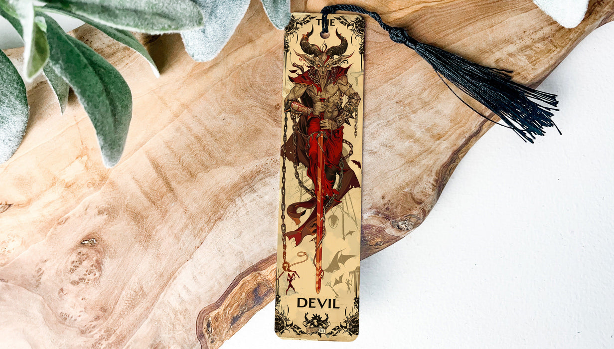 a bookmark with a picture of a devil on it