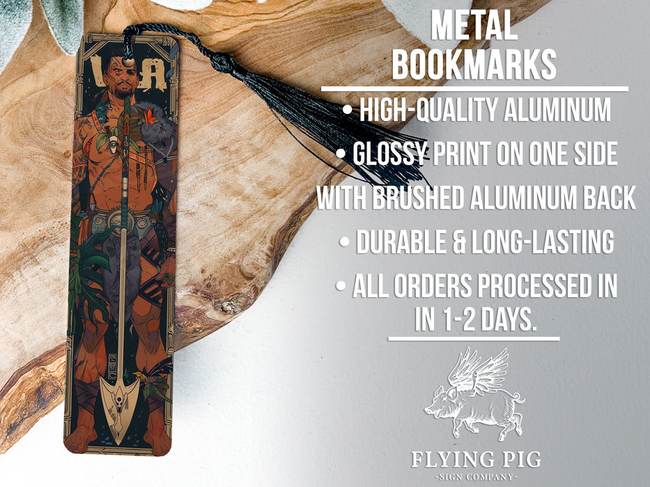 a metal bookmark with an image of a man on it