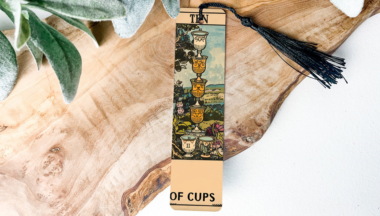 a bookmark with a picture of cups on it