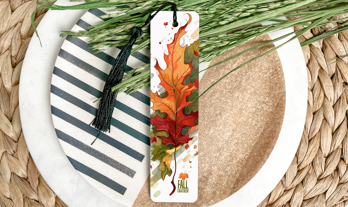 a plate with a bookmark and a plant on it