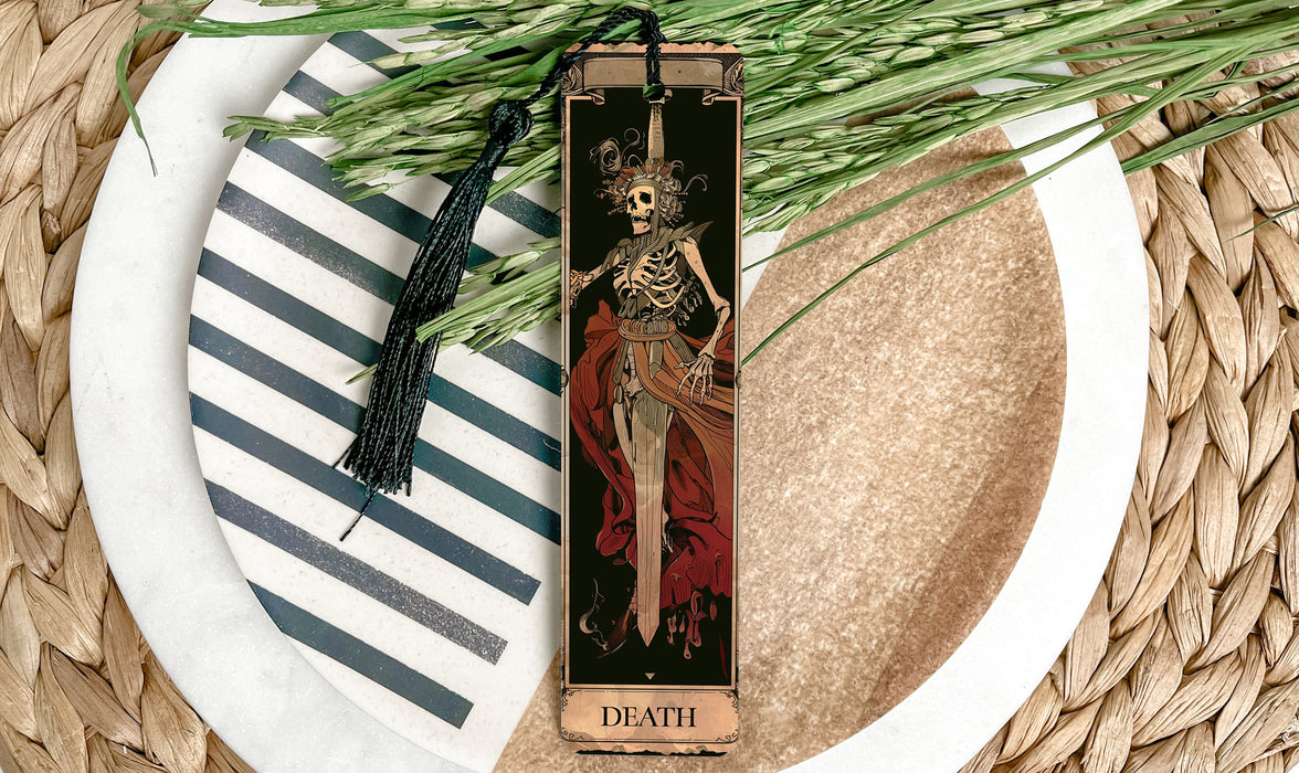 a bookmark with a picture of a skeleton on it