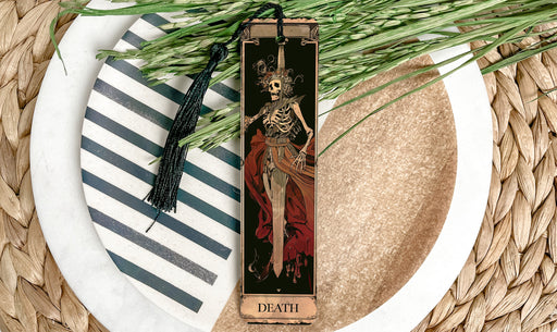 a bookmark with a picture of a skeleton on it