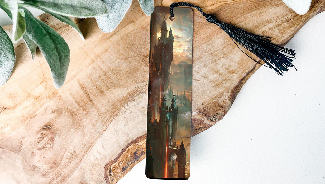 a bookmark with a painting of a castle on it