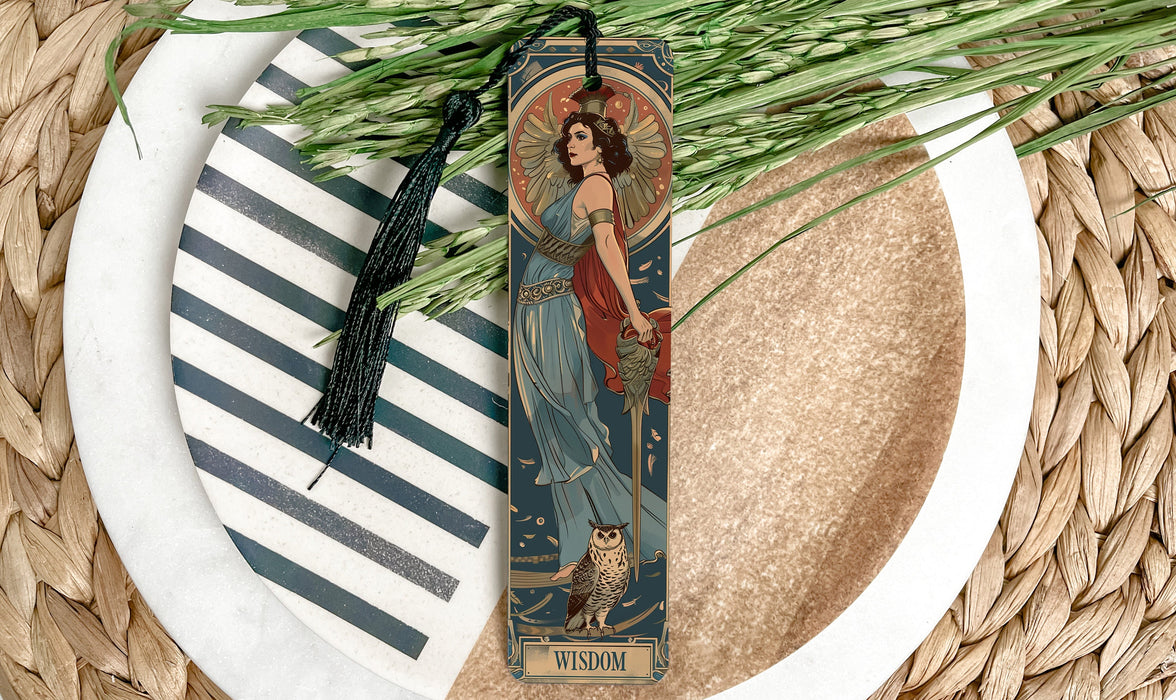 a bookmark with a picture of a woman and a cat on it