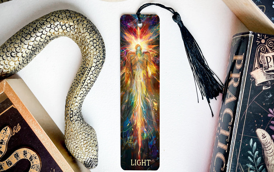 a bookmark with a picture of a person surrounded by books