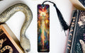a bookmark with a picture of a person surrounded by books