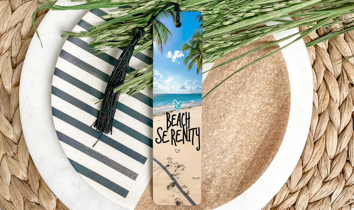 a bookmark with a picture of a beach scene on it