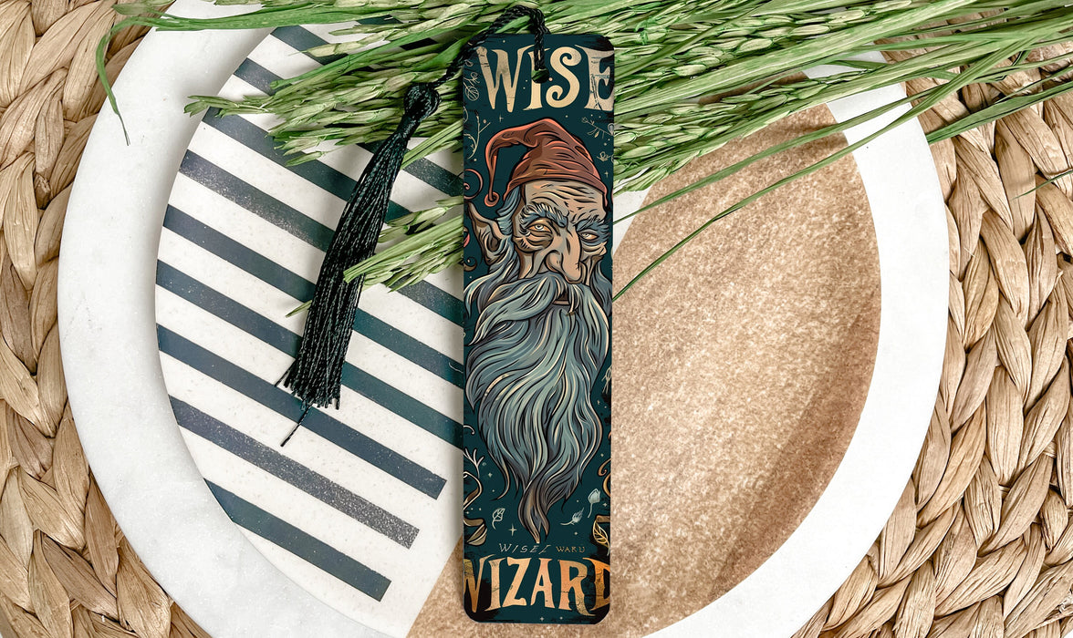 a bookmark with a wizard on it sitting on a plate