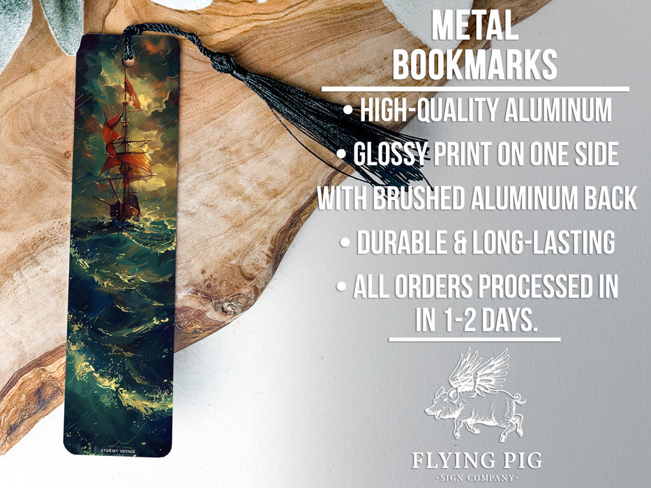 a bookmark with a painting of a ship on it