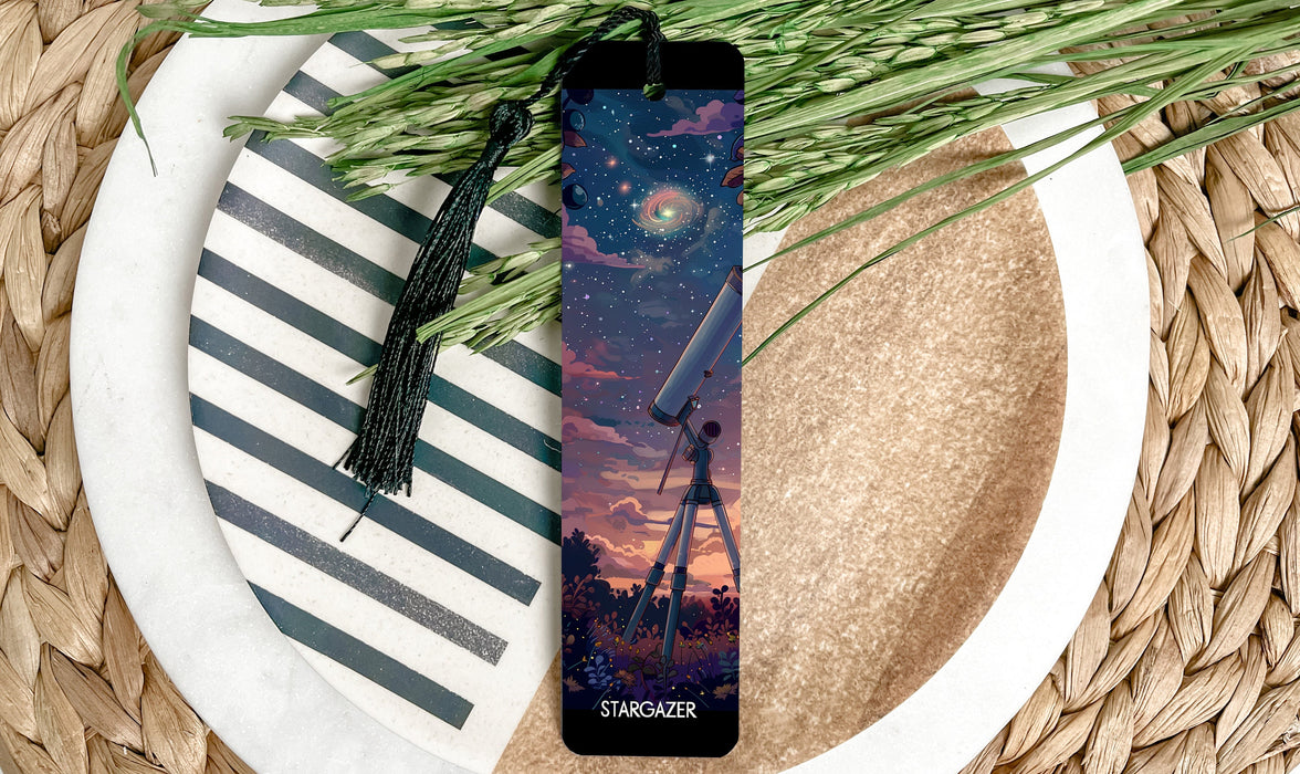 a bookmark with a picture of a telescope on it
