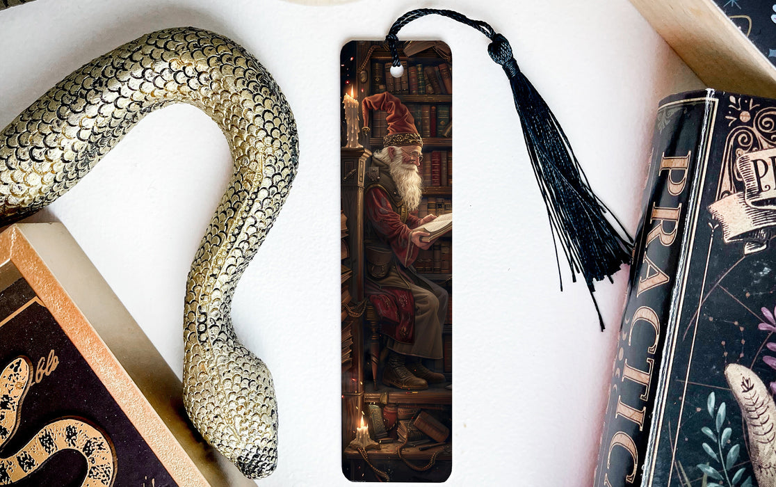 a bookmark with a painting of a man reading a book