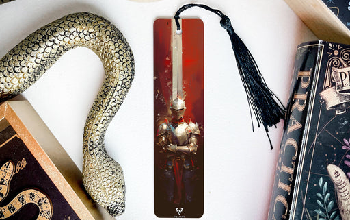a bookmark with a picture of a knight and a snake on it