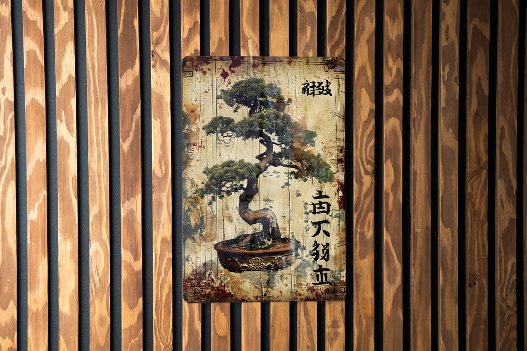 a painting of a bonsai tree on a wooden wall