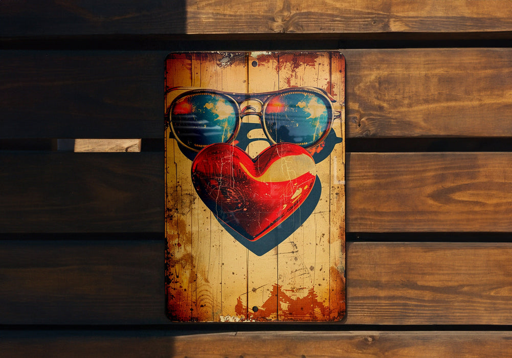 a wooden sign with sunglasses and a heart on it