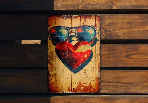 a wooden sign with sunglasses and a heart on it