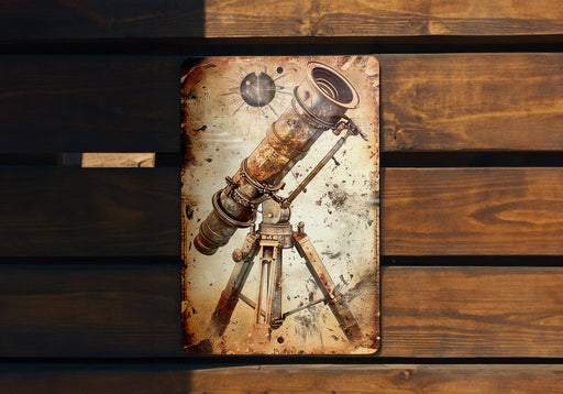 an old metal sign with a telescope on it