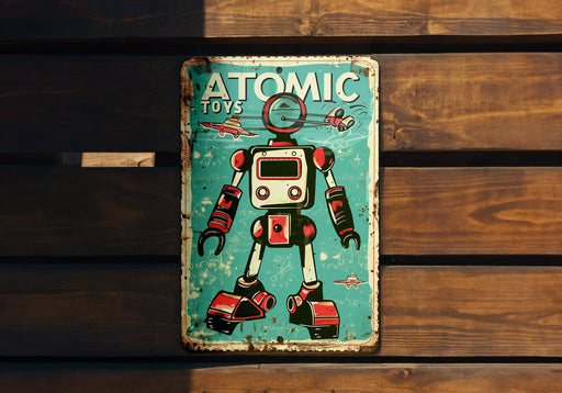an old tin sign with a robot on it