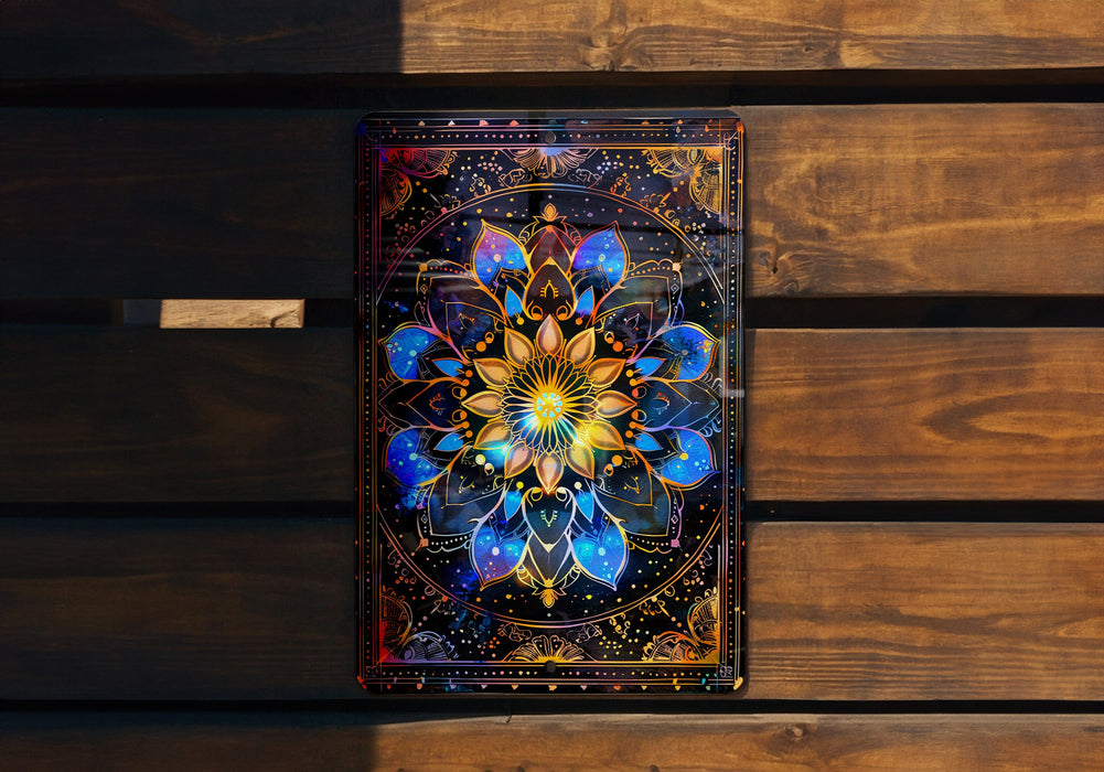 a picture of a flower on a wooden bench