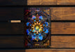 a picture of a flower on a wooden bench