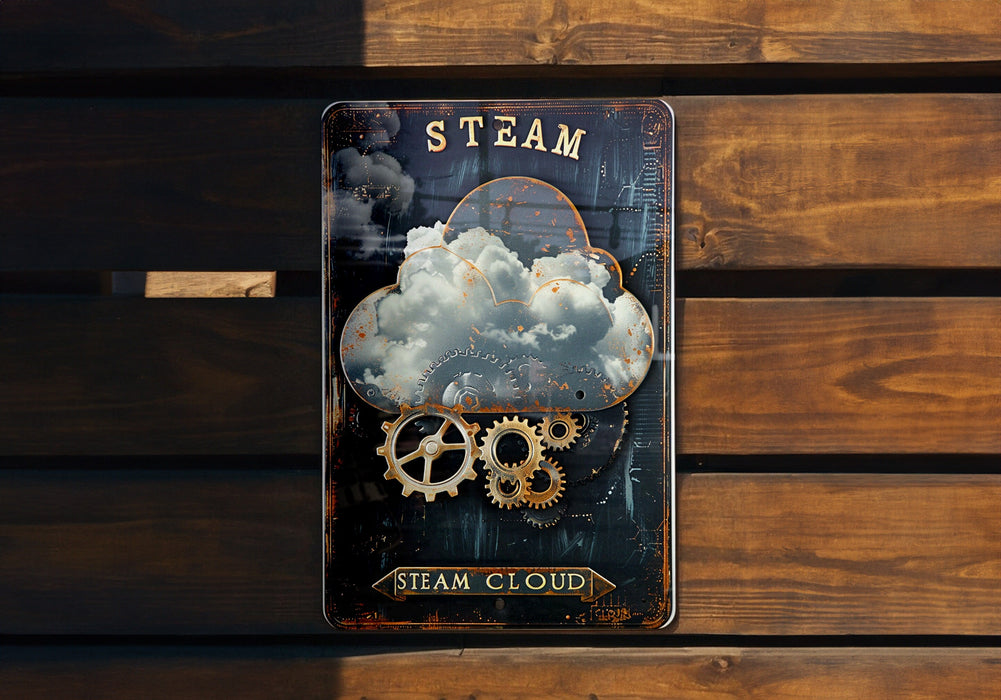 a steam clock with gears on it on a wooden bench