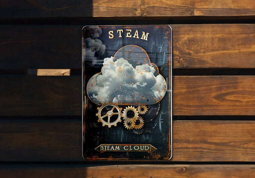 a steam clock with gears on it on a wooden bench