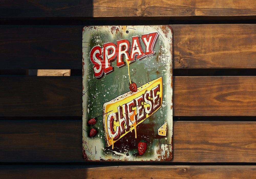 a sign on a wooden bench that says spray cheese