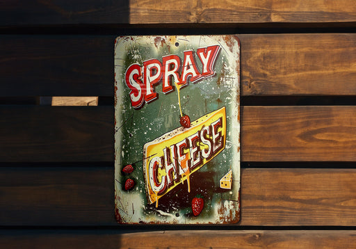 a sign on a wooden bench that says spray cheese