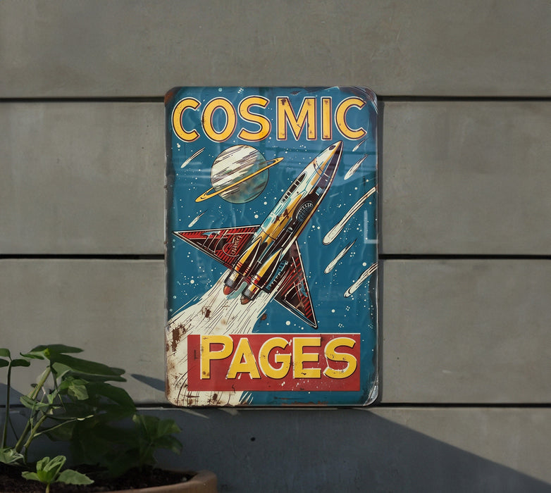 a metal sign that says cosmic pages on it