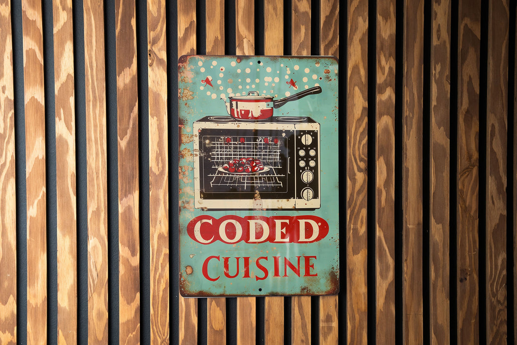 a sign on a wooden wall that says coded cuisine