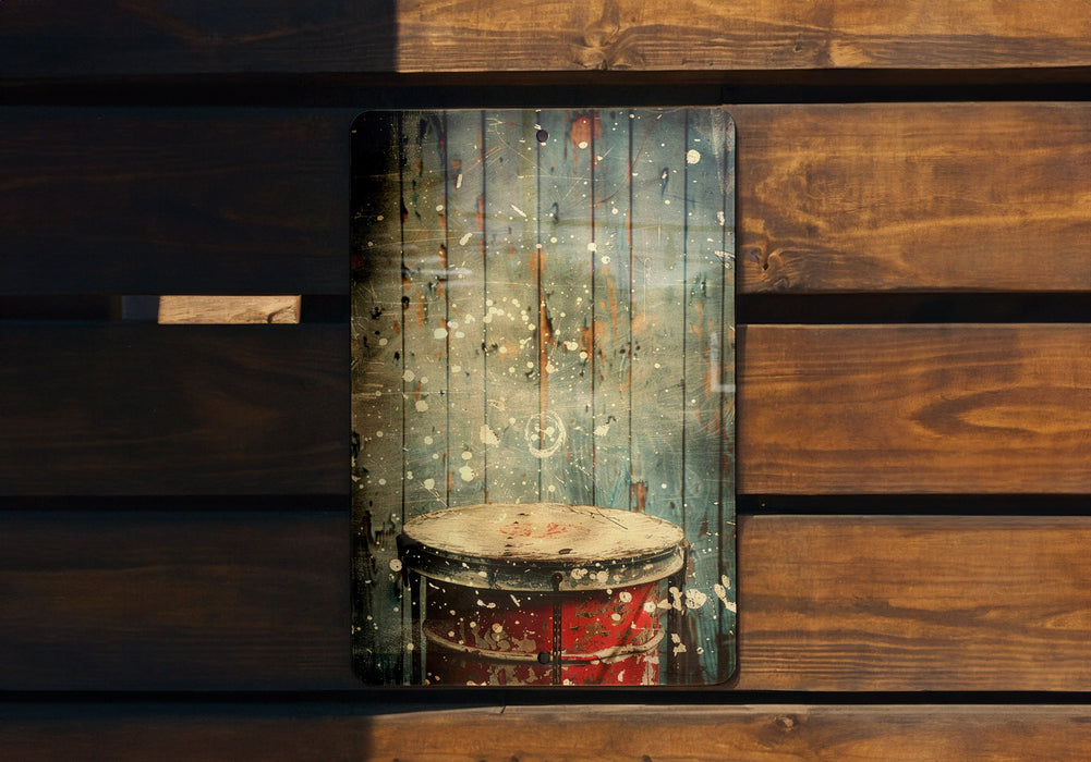 a wooden wall with a drum painted on it