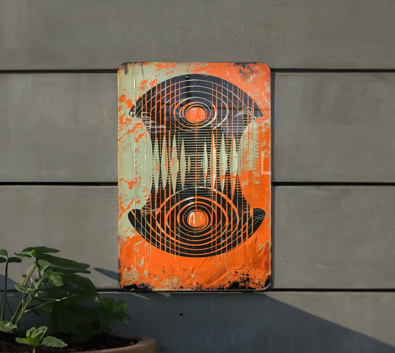 an orange and black sign on a wall next to a potted plant