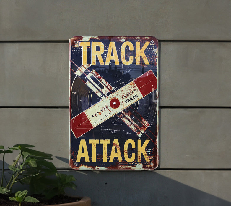 a sign on a wall that says track attack